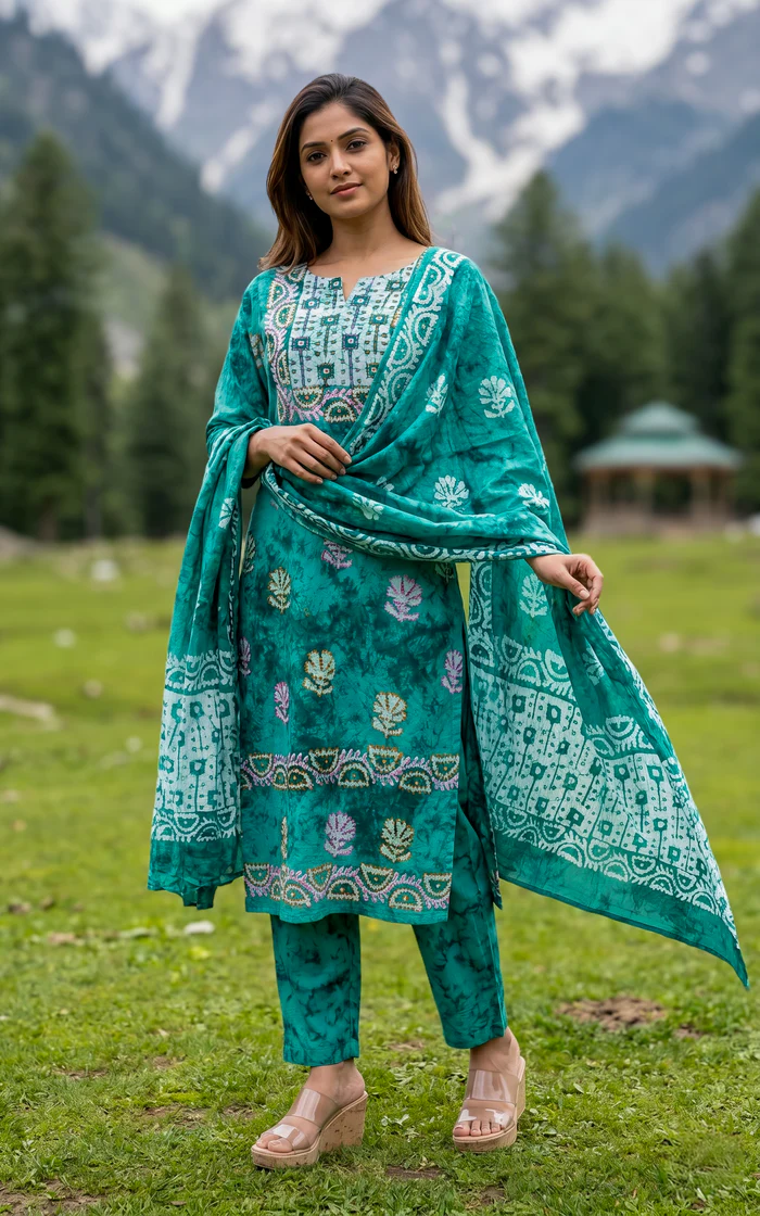 Teal Green Bandhani Printed Straight Salwar set